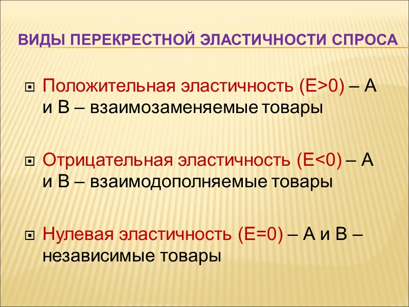 Виды перекрестной эластичности спроса  Положительная эластичность (Е>0) – А и В – взаимозаменяемые